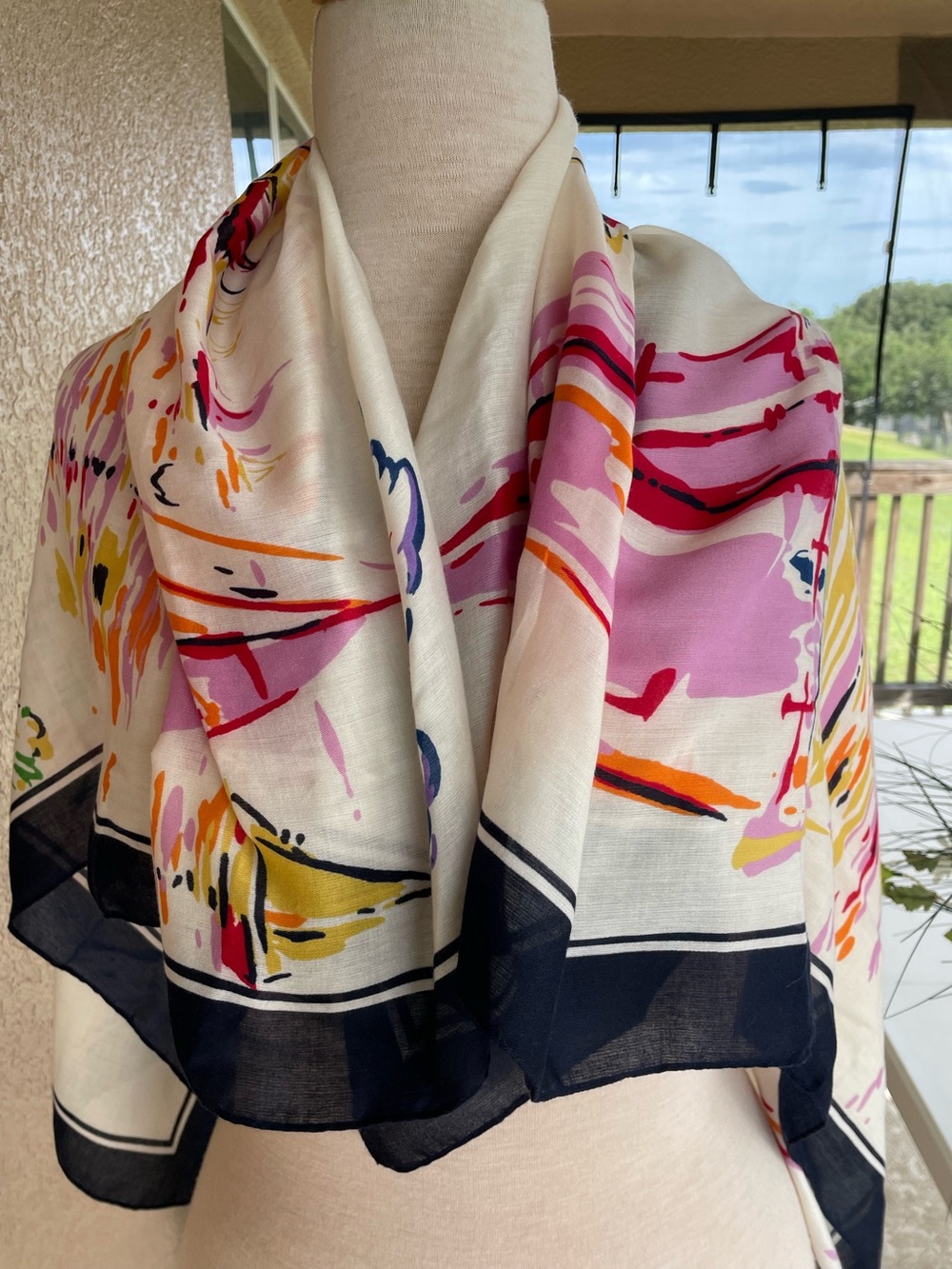 J.Crew Abstract Geometric Scarf Wrap Shawl Pink Navy Ivory Large Lightweight